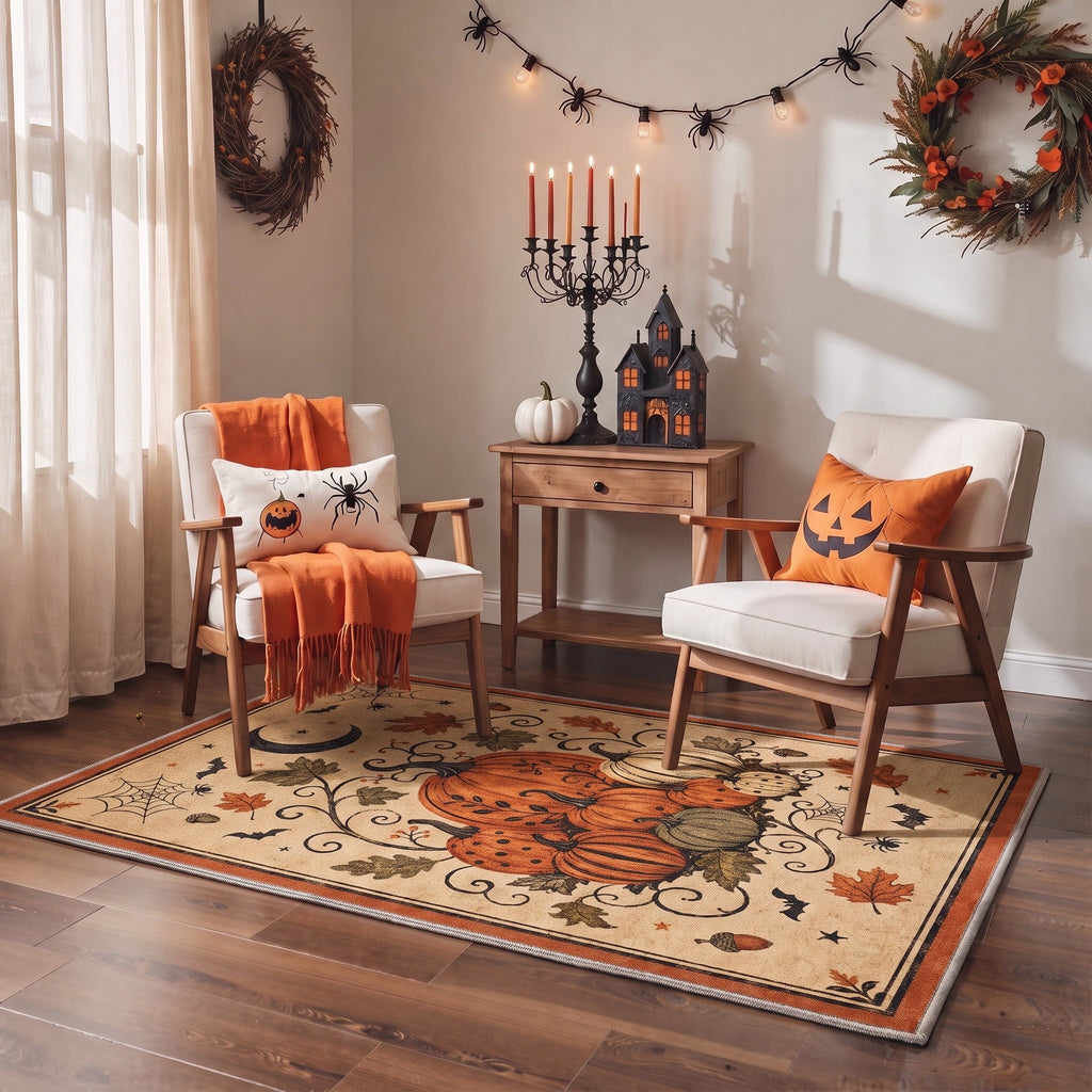 GENIMO 5'x7' Halloween Area Rug for Living Room, Washable Non Slip Soft Vintage Pumpkin Indoor Rug for Bedroom Dining Room Home Office, Antique Moss