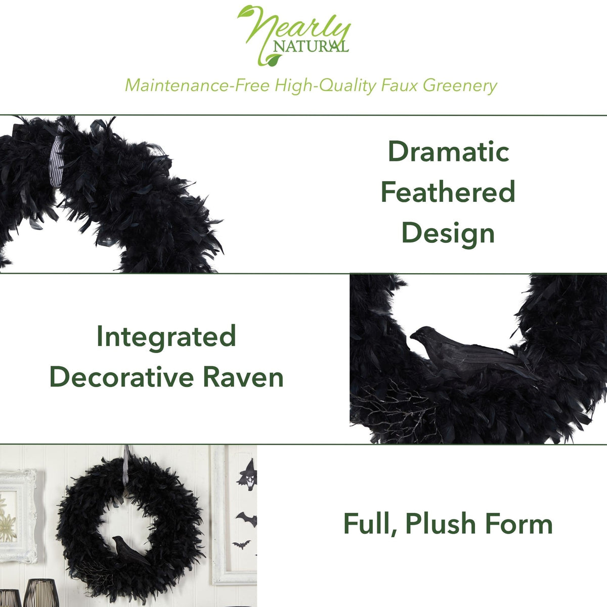 Nearly Natural 30in. Halloween Raven Feather Wreath