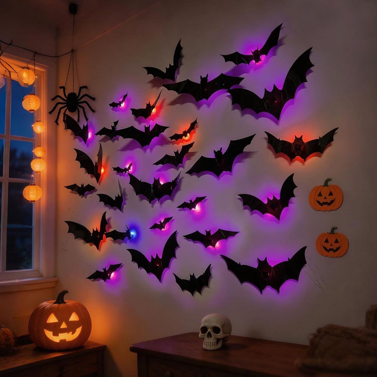 CQHVKQ 36 PCS Halloween Bats Decorations, Realistic 3D LED Bats Wall Stickers Decor, Assorted Size Removable Lighted PVC Bats DIY Wall Sticker for Halloween Party, Bedroom, Home, Indoor and Outdoor
