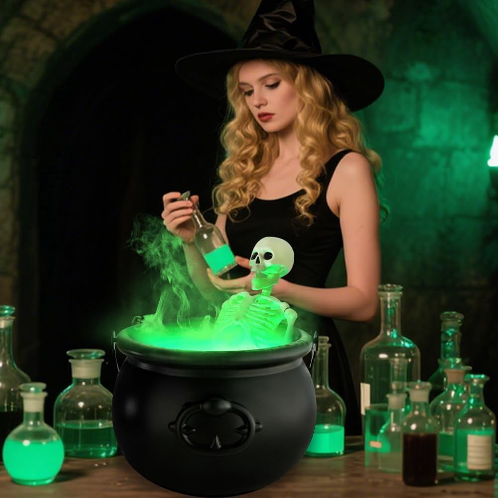 TETOU Halloween Decorations Indoor,DIY Floating Potion Set with Witches Cauldron and Mist Maker,Spooky Black Plastic Cauldron with Skeleton for Halloween Party Home Room Mantel Table Indoor Decor