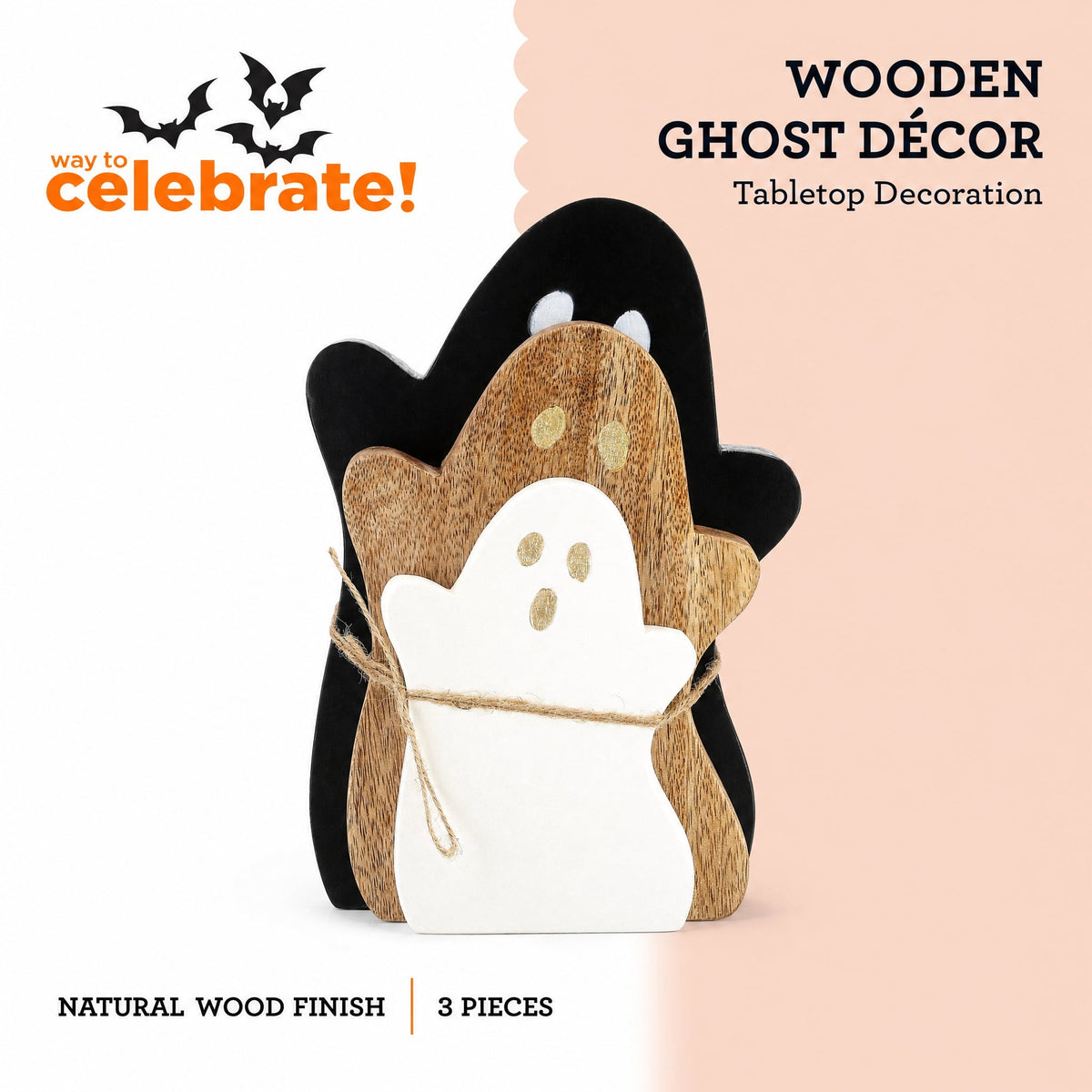 Wooden Ghost Decoration Set, Black/Natural/White, 3 Pieces, Halloween by Way To Celebrate