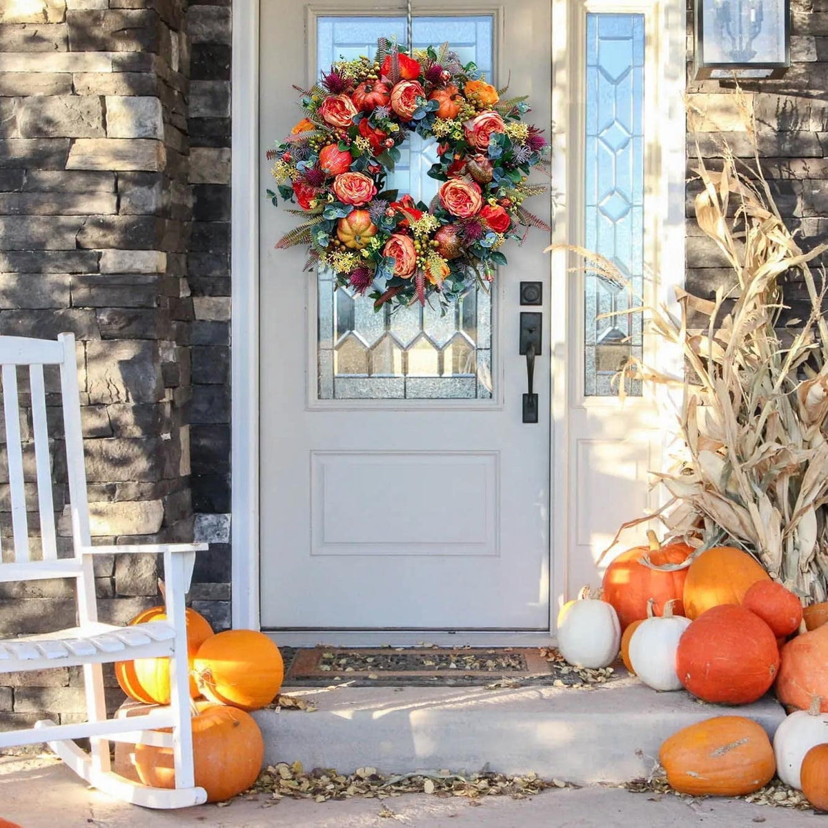 KOMI Fall Peony and Pumpkin Wreath, Autumn Year Round Wreaths for Front Door, Artificial Fall Wreath, Halloween Wreath, Fall Wreaths for Front Door, Autumn Wreath Thanksgiving Wreath (17.7 Inch)