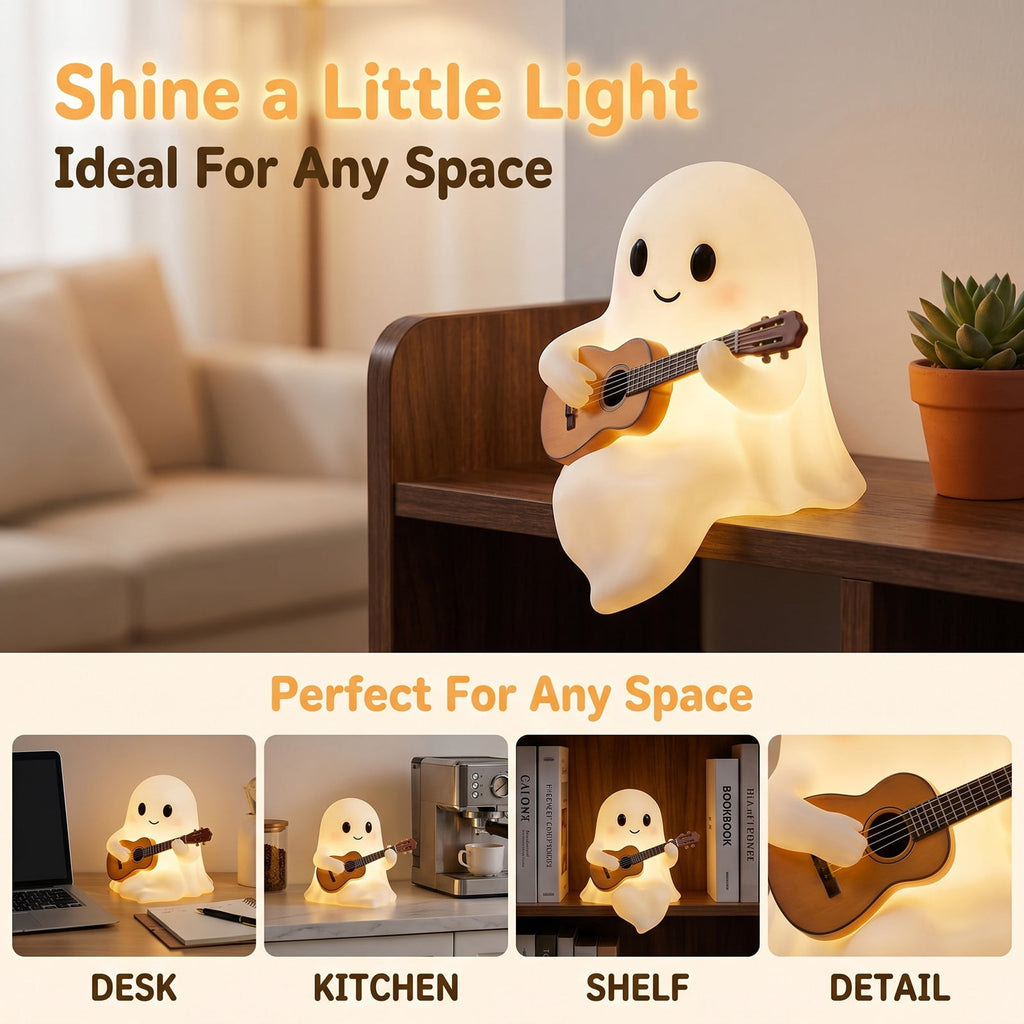 Halloween Ghost Night Light, Cute Ghost Playing The Guitar Lamp, Ghost Warm Lighted Figurine Lamps for Party Bedroom Study Room Home Dorm, Halloween Decor Indoor