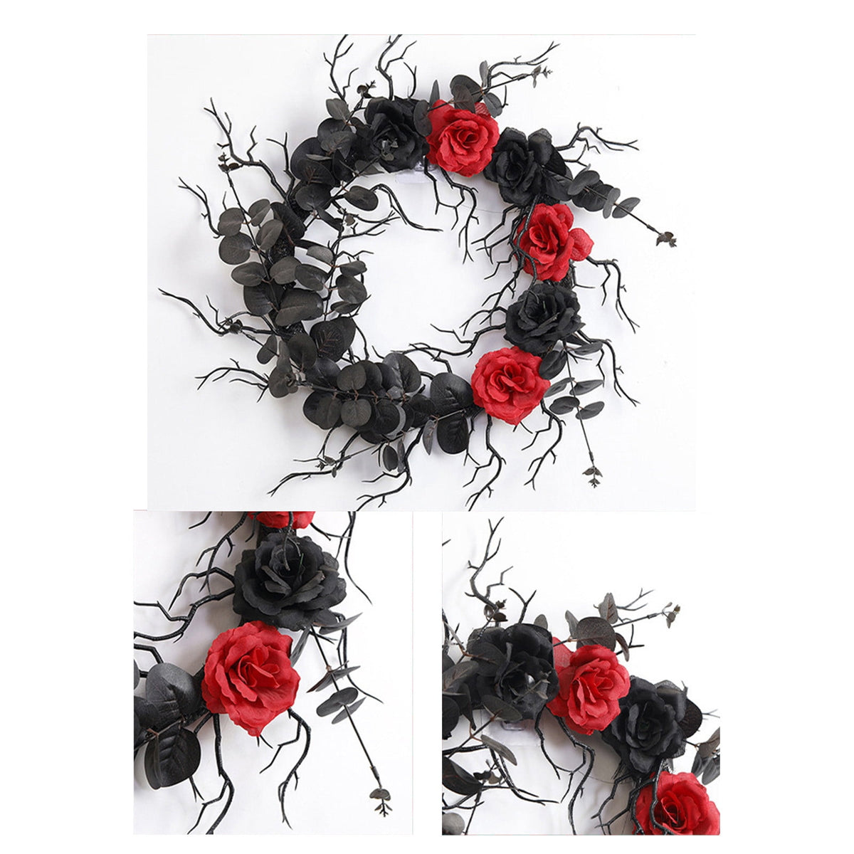 Halloween Door Wreath with Leaves and Red Roses, Halloween Wreath for Front Door, Branch Red Rose Wreath Halloween Decorations for Indoor Window Party Wall Home,20x20 Inch