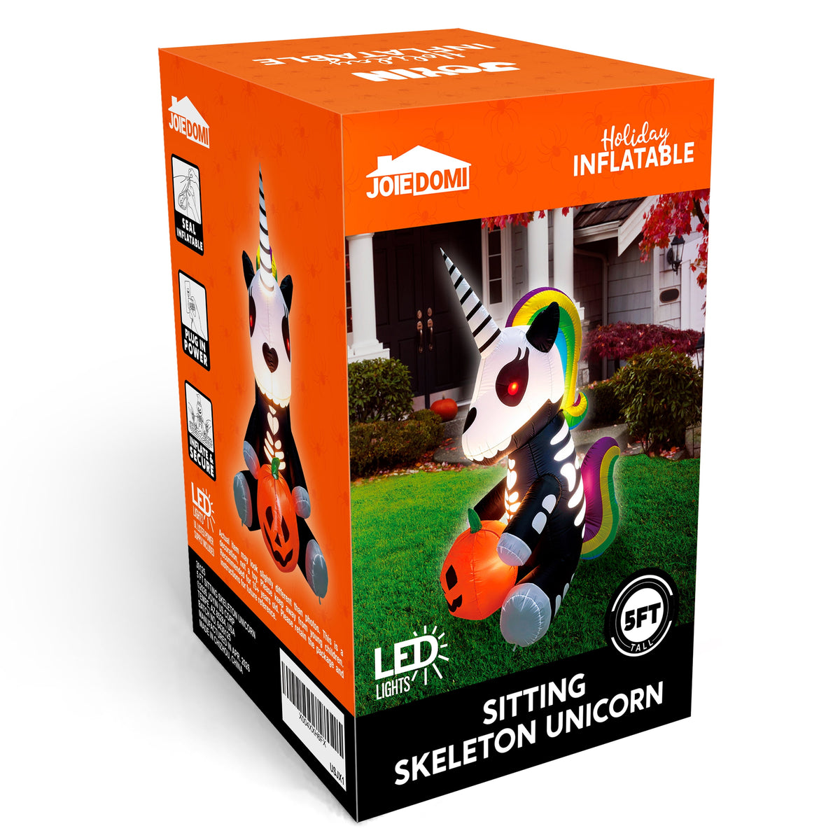 Joyfy 5 ft Halloween Inflatable Sitting Skeleton Unicorn with Build-in LEDs,Halloween Blow up Yard Decorations Outdoor Decorations