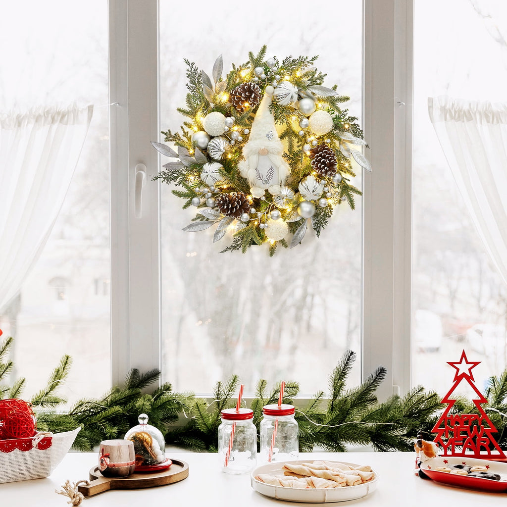 JoanKaren 24 inch Large Christmas Wreath Silver White with 20 LED Lights,Prelit Xmas Wreath w/ Ball Ornaments Pine Cone