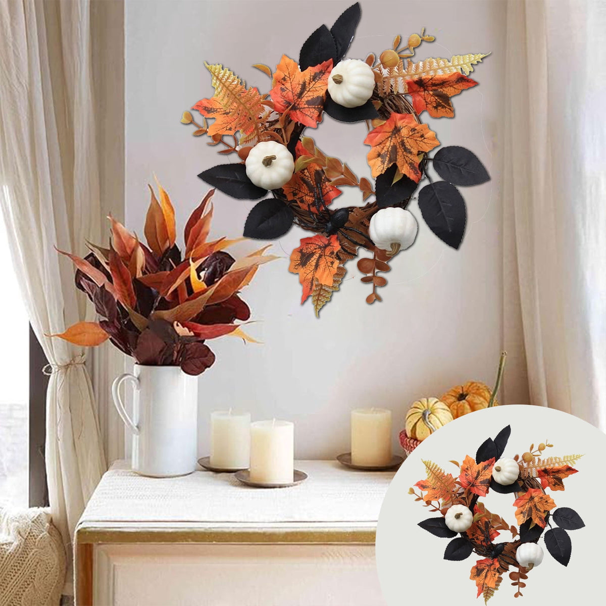 YIMWNYI Pumpkin Maple Leaf Decorative Wreath, Artificial Fall Wreath for Halloween, Thanksgiving, Harvest Festival Home Decor, Waterproof and Sunproof Autumn Wreath, Indoor and Outdoor Decoration