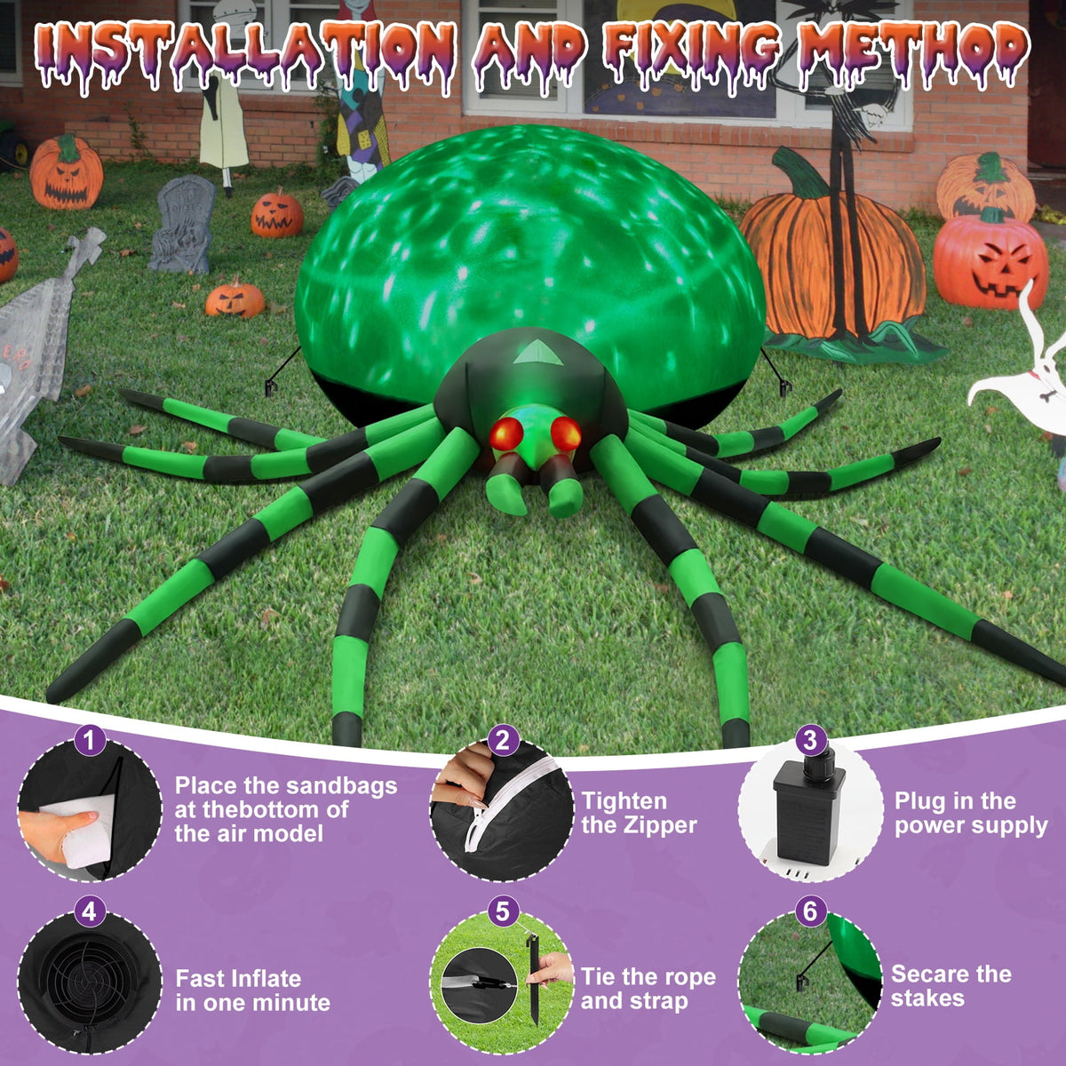 Yexmas 8FT Halloween Inflatables Outdoor Decorations Giant Spider Decorations with LED Lights and Air Pump Blow up Inflatable Green