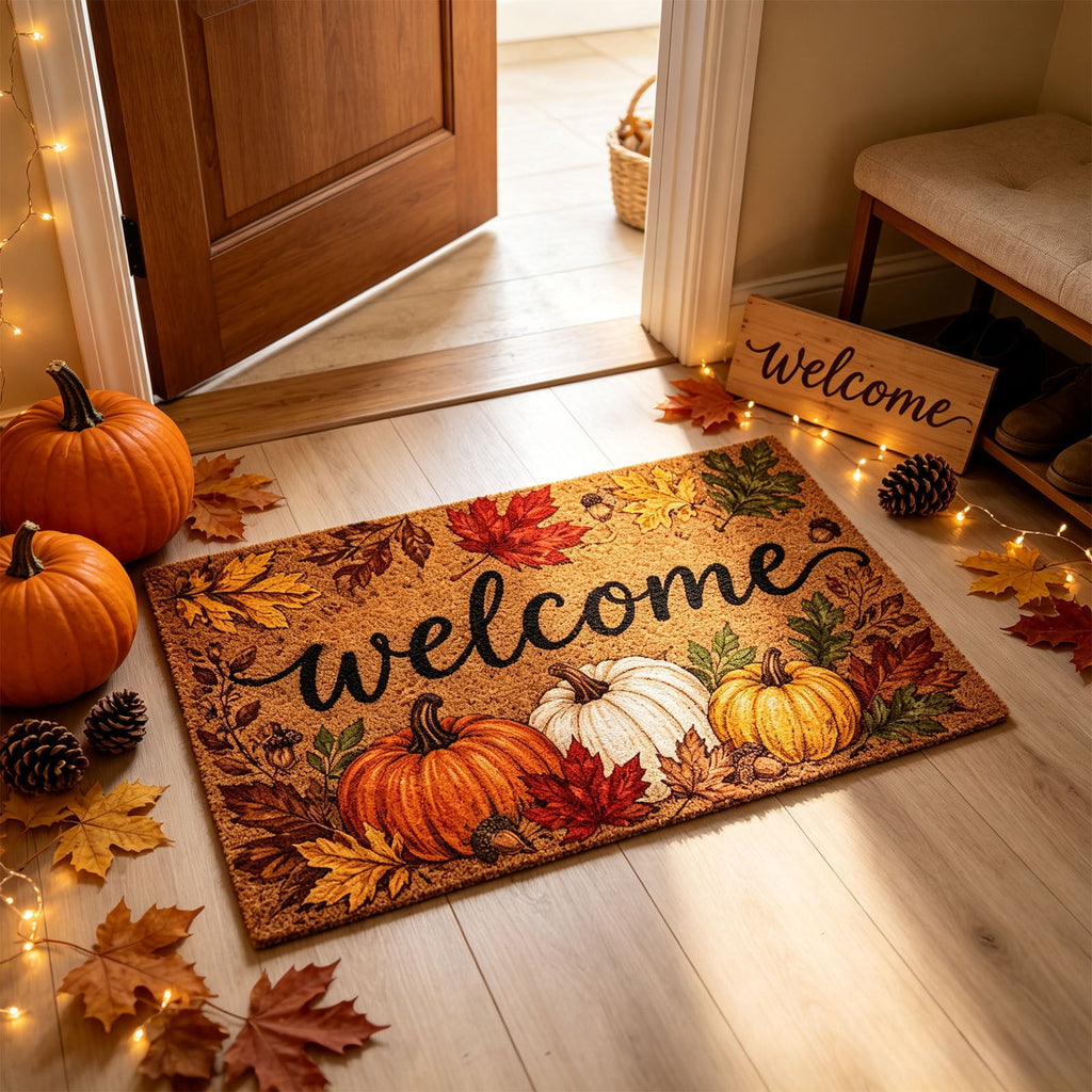 Fall Welcome Coir Door Mat, Fall Harvest Pumpkin Front Door Outdoor Doormat Entrance Porch Non Slip Rubber Rug for Halloween Decor Brown