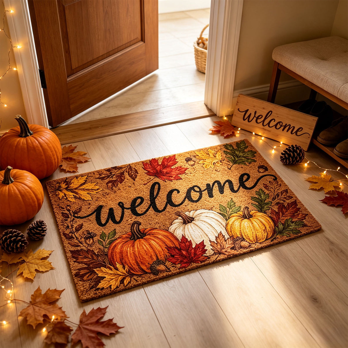 Fall Welcome Coir Door Mat, Fall Harvest Pumpkin Front Door Outdoor Doormat Entrance Porch Non Slip Rubber Rug for Halloween Decor Brown