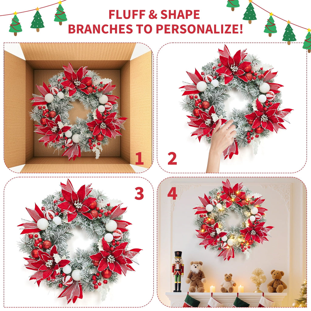JoanKaren 24 inch Large Christmas Wreath Silver White with 20 LED Lights,Prelit Xmas Wreath w/ Ball Ornaments Pine Cone