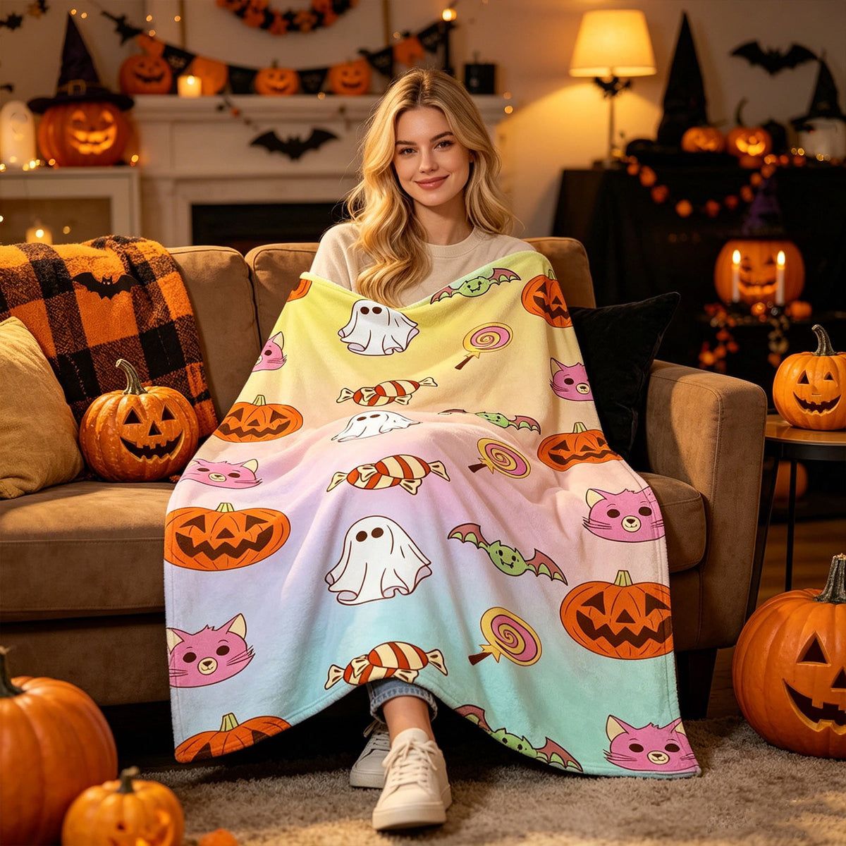 Halloween blanket,Halloween Print Throw Blanket Flannel Soft Cozy Decorative Nap Blanket with Ghost Pumpkin Skull for Office Bedroom Sofa Camping Travel(100x150cm/39x59 Inch),Black