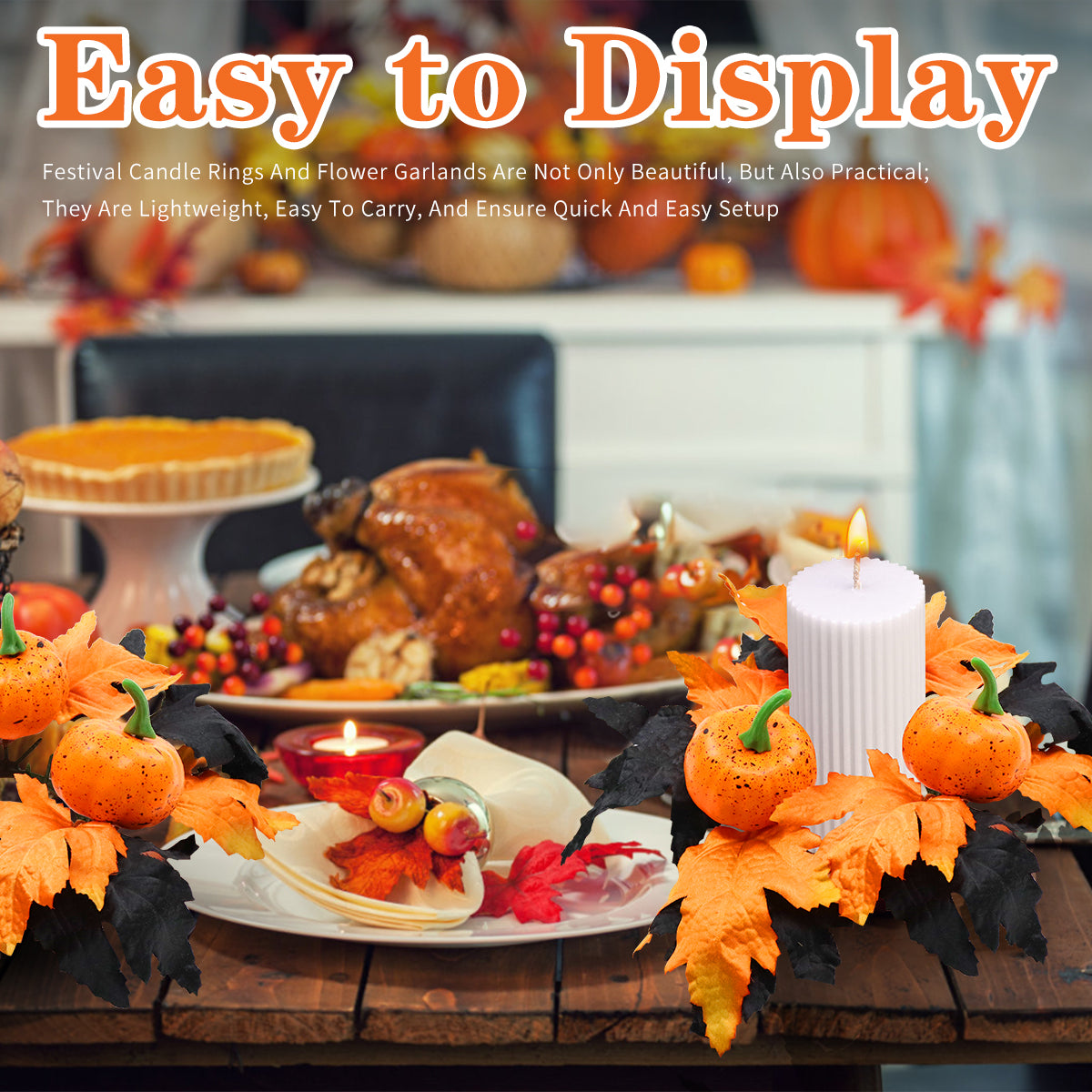 Halloween Candle Ring Wreath Halloween Table Centerpiece Black Orange Spooky Table Top Decoration Small Taper/Pillar Candle Rings Center for Party Favors 4 Pcs Design1