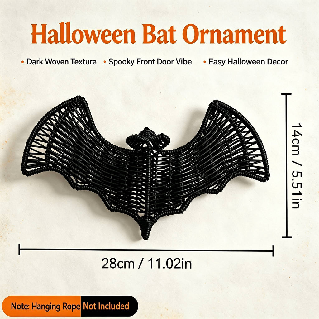 Black Rattan Wall Decoration, Halloween Wicker Bat Art, Indoor and Outdoor Festive Decor, Durable Plastic Material