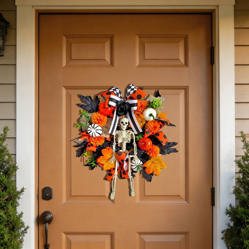 ICQOVD Halloween Pumpkin Maple Leaf Wreath with Skeleton Ornament Orange Black Bow Front Door Hanging Fall Home Decoration 15.75*15.75*3.15IN