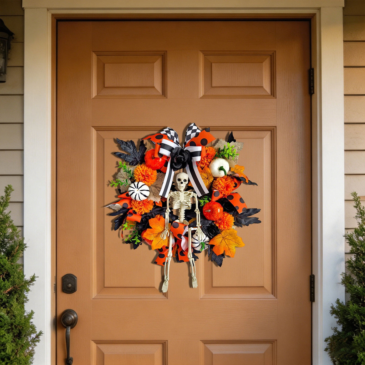 ICQOVD Halloween Pumpkin Maple Leaf Wreath with Skeleton Ornament Orange Black Bow Front Door Hanging Fall Home Decoration 15.75*15.75*3.15IN