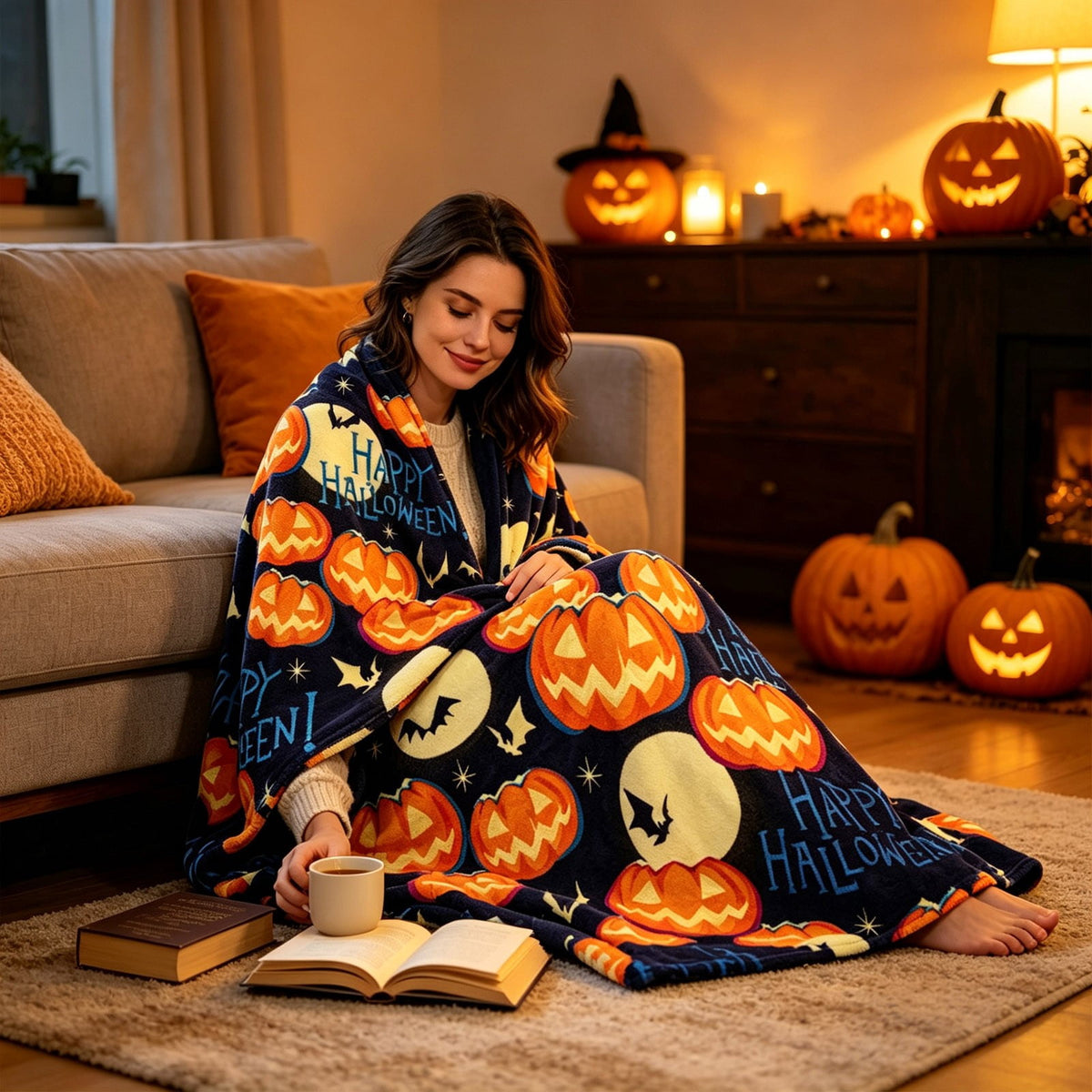 Halloween blanket,Halloween Print Throw Blanket Flannel Soft Cozy Decorative Nap Blanket with Ghost Pumpkin Skull for Office Bedroom Sofa Camping Travel(100x150cm/39x59 Inch),Black