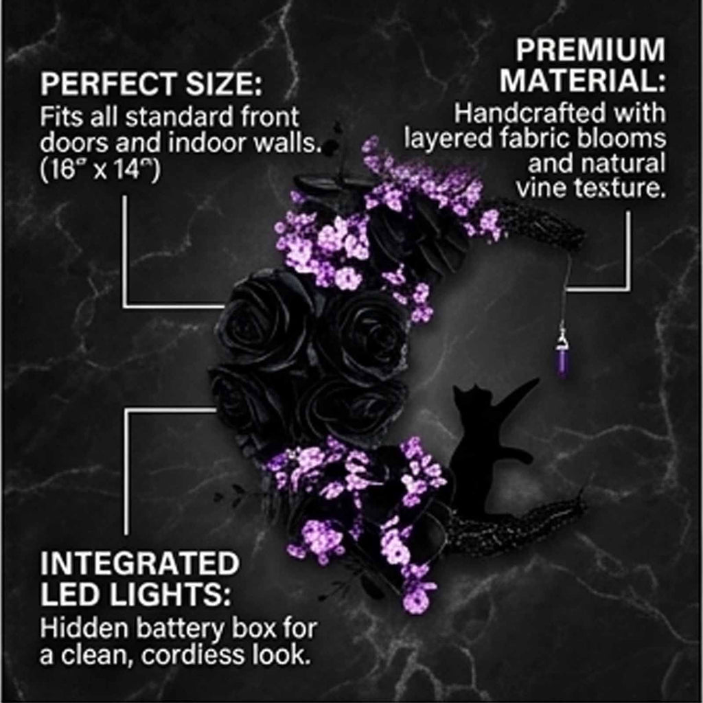 Magical Halloween Moon Cat Wreath Light up Door Crescent Floral Spooky Ruffled Fabric Porch Entryway Home Decor Wreaths Gothic Black Rose Elegant Hanging Decorations for Front Door