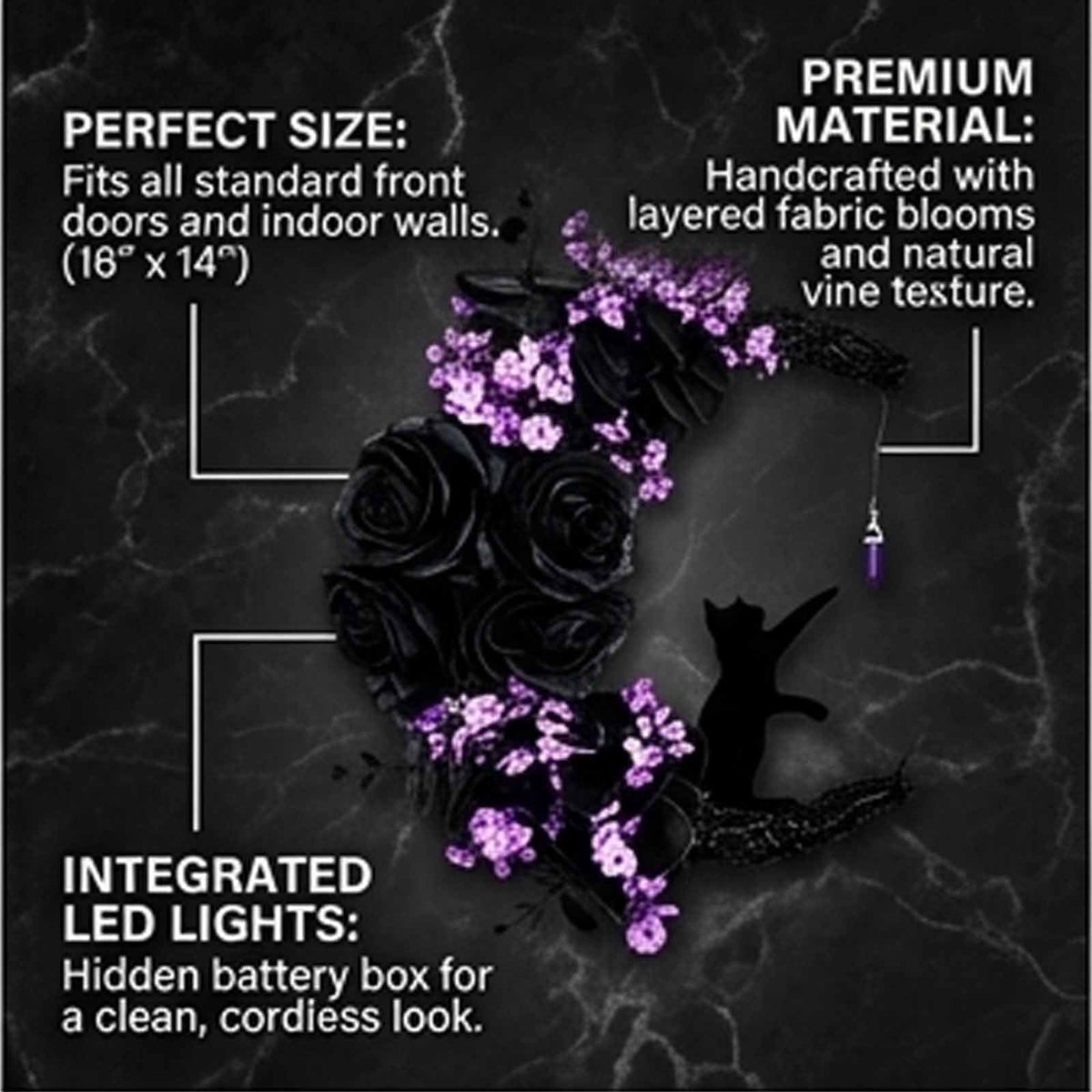 Magical Halloween Moon Cat Wreath Light up Door Crescent Floral Spooky Ruffled Fabric Porch Entryway Home Decor Wreaths Gothic Black Rose Elegant Hanging Decorations for Front Door
