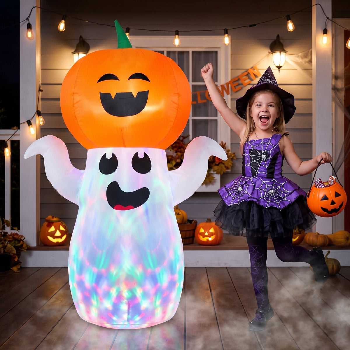 GVDV 5Ft Halloween Inflatables Pumpkin Ghost Decorations with 360° Rotating Colorful LED Lights, Halloween Blow Ups Indoor/Outdoor Decor for Party, Yard, Lawn