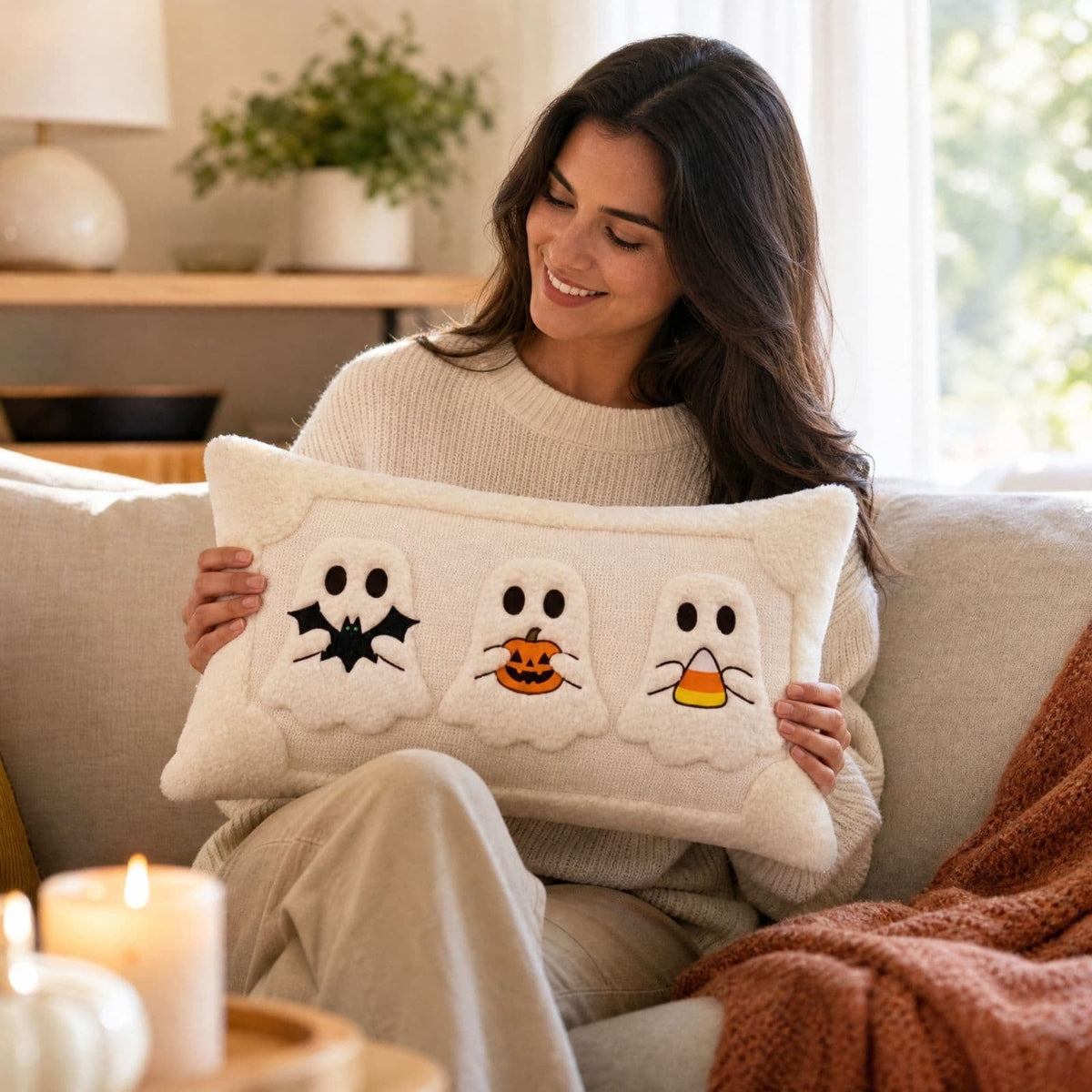 Cute Reading Ghost Plush Throw Pillow, Halloween Book & Pumpkin Bucket Ghost Stuffed Cushion, Spooky Season Decorative Pillow, for Sofa, Bedroom, Party Decor