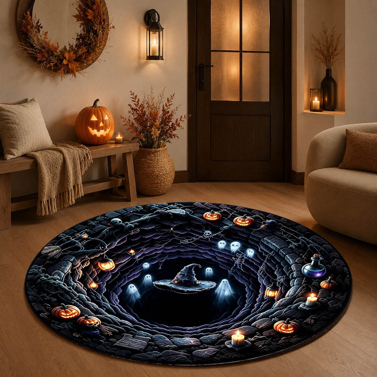 Win s Way 3D Illusion Round Halloween Rug Optical Illusion Doormat Non- Washable Entryway Decor Spooky Fall Front Door Mat for Party Decoration Available in 15.8/23.6/31.5 Inch