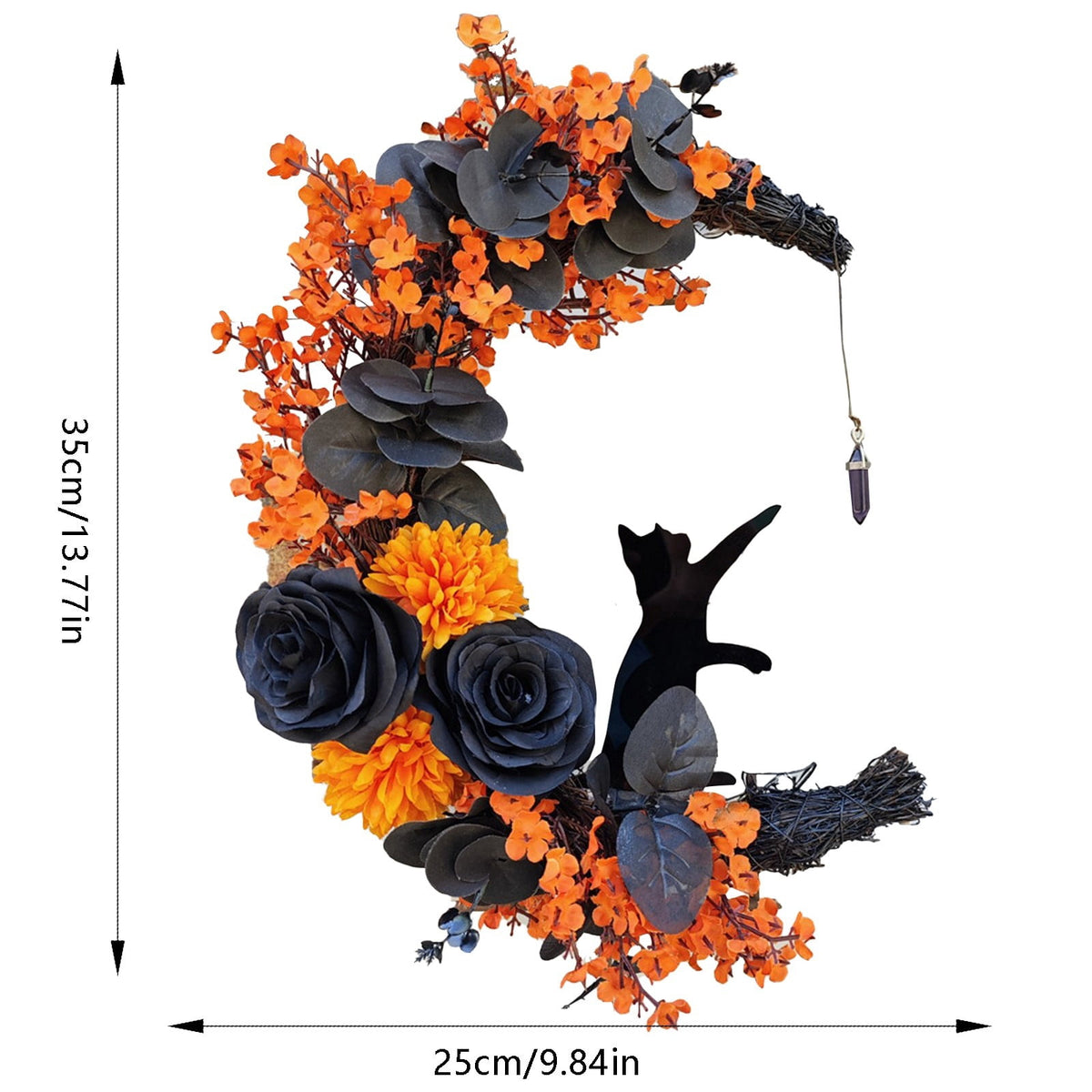 Halloween Moon & Cat Wreath with Lights - Gothic Black Branch Wreath for Front Door, Indoor/Outdoor Spooky Decor with LED Illumination