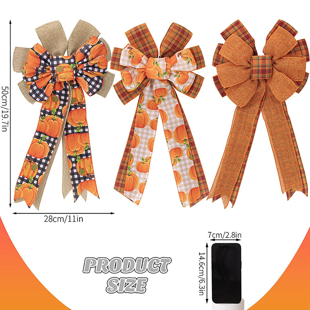 Large Thanksgiving Fall Bow For Wreaths Decorations For Home, Halloween Tree Topper Bow, Pumpkin Bow With Orange Buffalo Plaid Burlap For Front Door Wreath Home Indoor Outdoor Decor