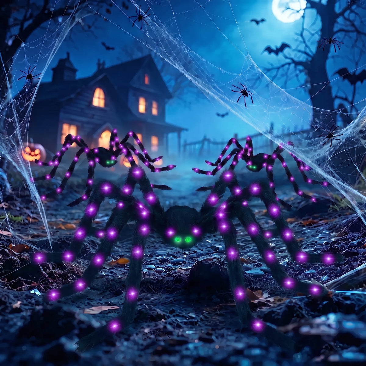 Leyaron Halloween Spider Decorations Set, 5FT and 2 Pack 4FT Lighted Giant Spider Decorations for Halloween Party Indoor Outdoor Yard Home Decor
