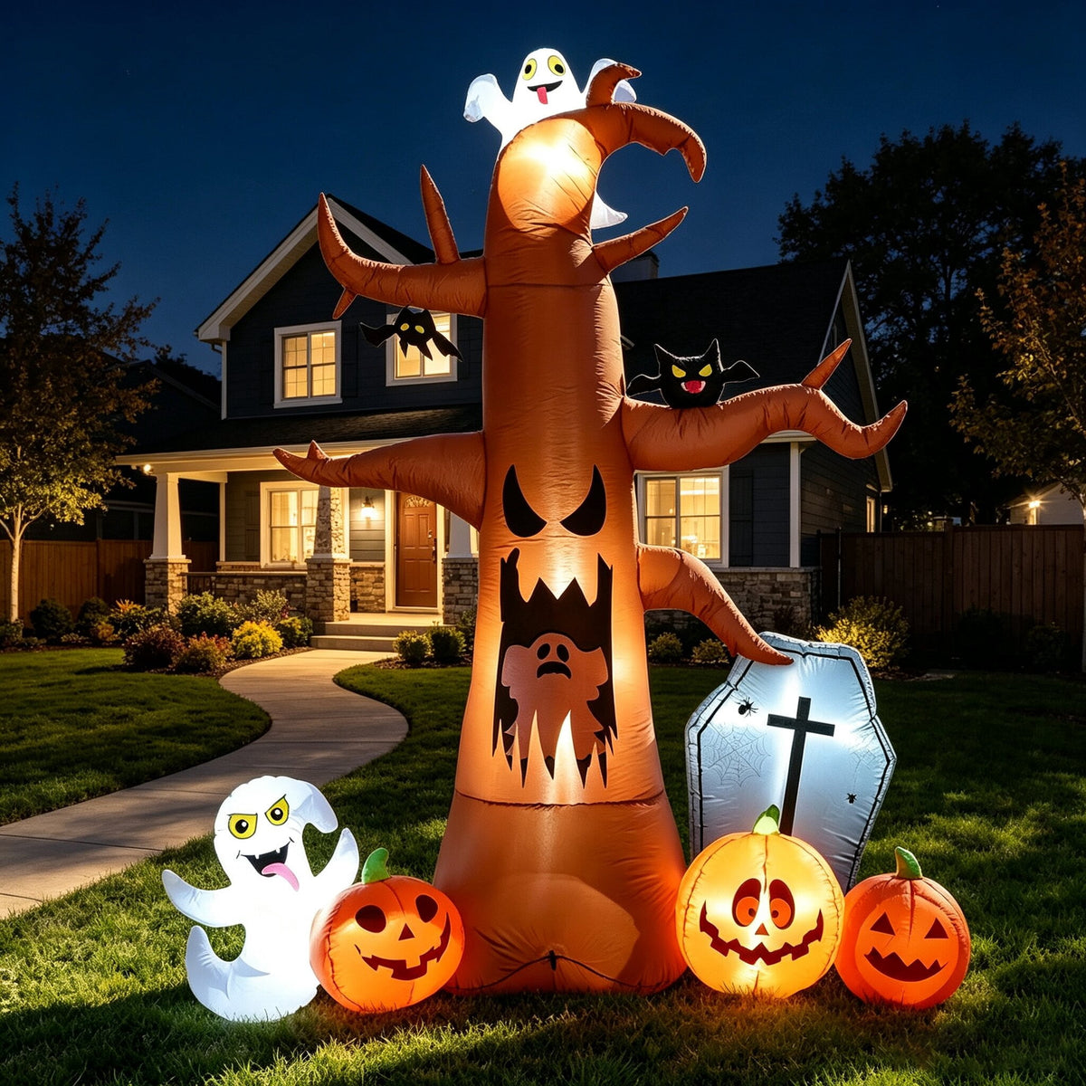 Coolmade 8 ft Halloween Inflatable Outdoor Dead Tree with Ghosts Pumpkins Tombstone Bat, Halloween Blow Up Yard Decorations Clearance with Build-in LED Lights for Holiday Party Lawn Yard Garden