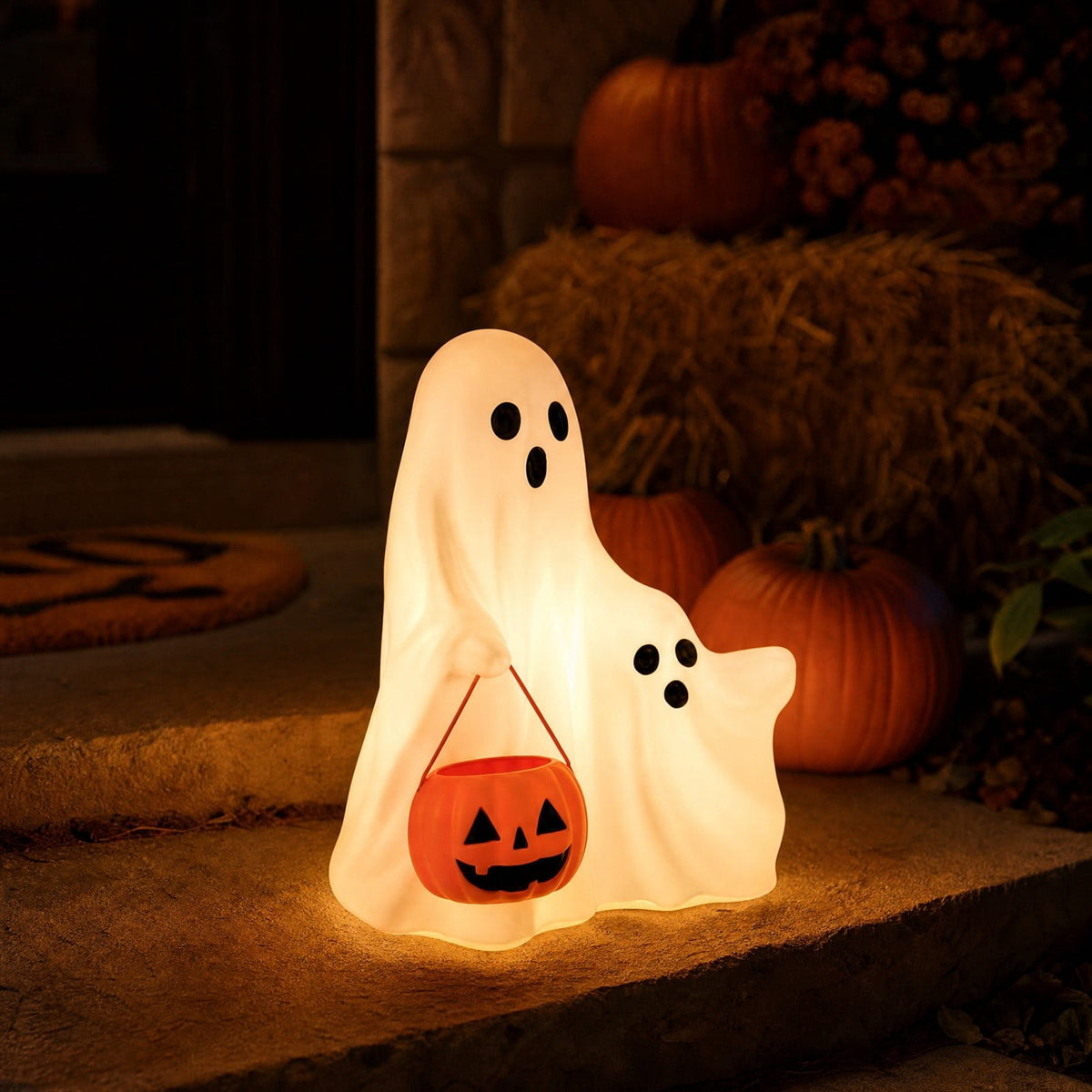 Halloween Decoration Ghost Figurine 11in Resin Ghost Statues with Pumpkin Candy Bowl for Outdoor Indoor Front Door, Porch Yard Lawn Party Decor