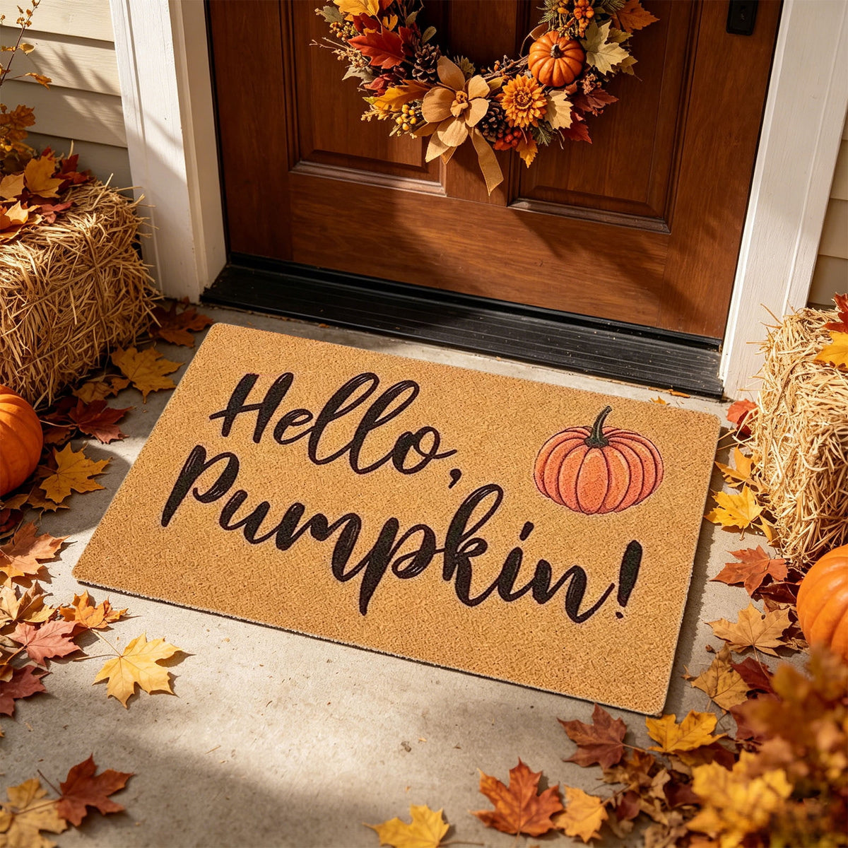 Fllostpr Halloween Pumpkin & Crow Welcome Doormat for Front Door, Non-Slip Vintage Brown Coir Floor Mat for Outdoor Porch Entryway Decor,16x24 Inch