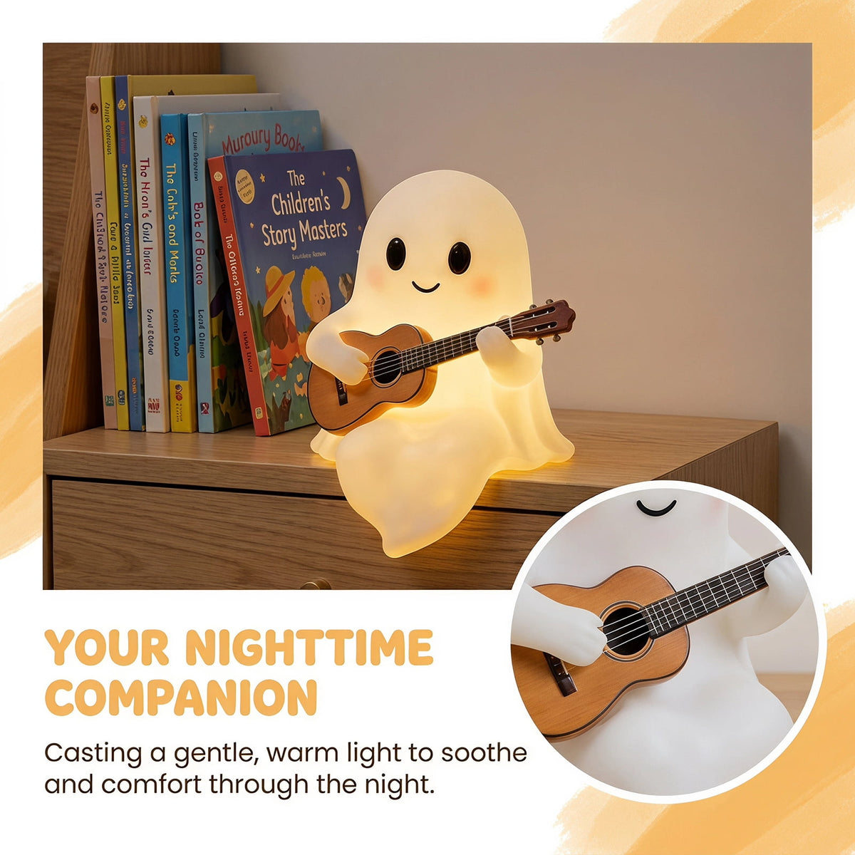 Halloween Ghost Night Light, Cute Ghost Playing The Guitar Lamp, Ghost Warm Lighted Figurine Lamps for Party Bedroom Study Room Home Dorm, Halloween Decor Indoor