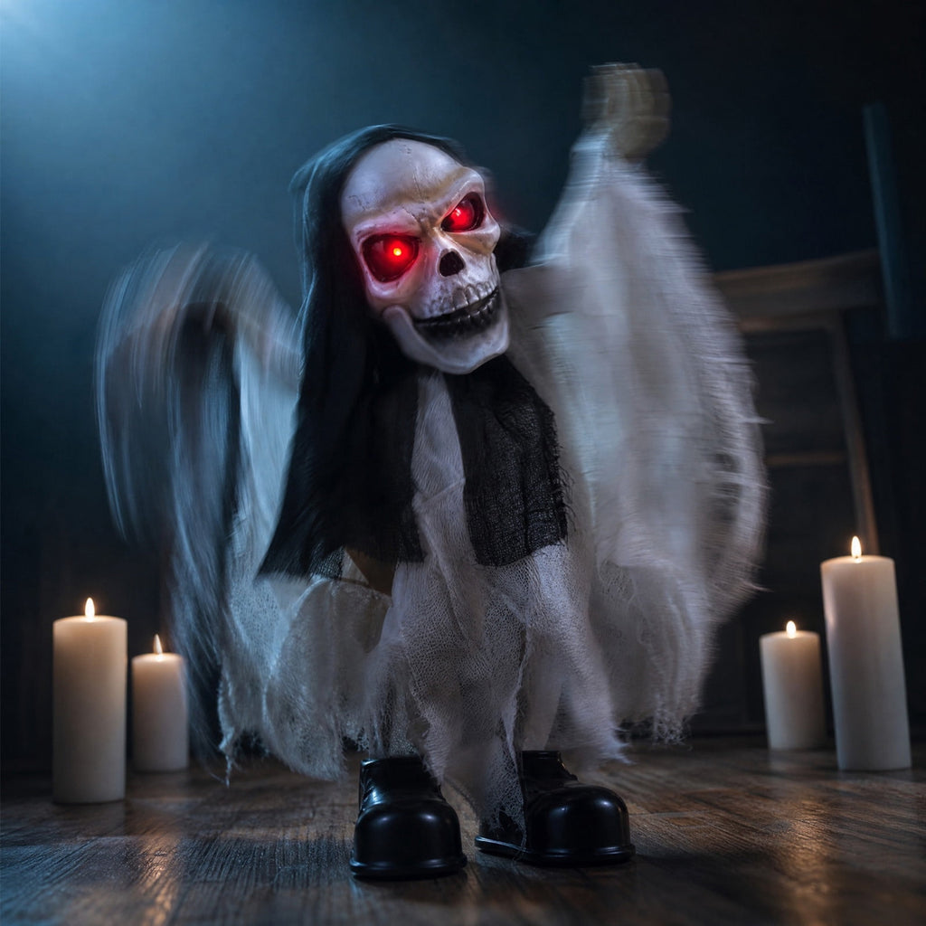 ShengapQ Halloween Animated Skeleton Ghost Decor, Scary Skull Prop, Glowing Red Eyes, Battery Operated Decoration for Party, Eerie Prank Decor for Indoor and Outdoor Events, Haunted House Ornament