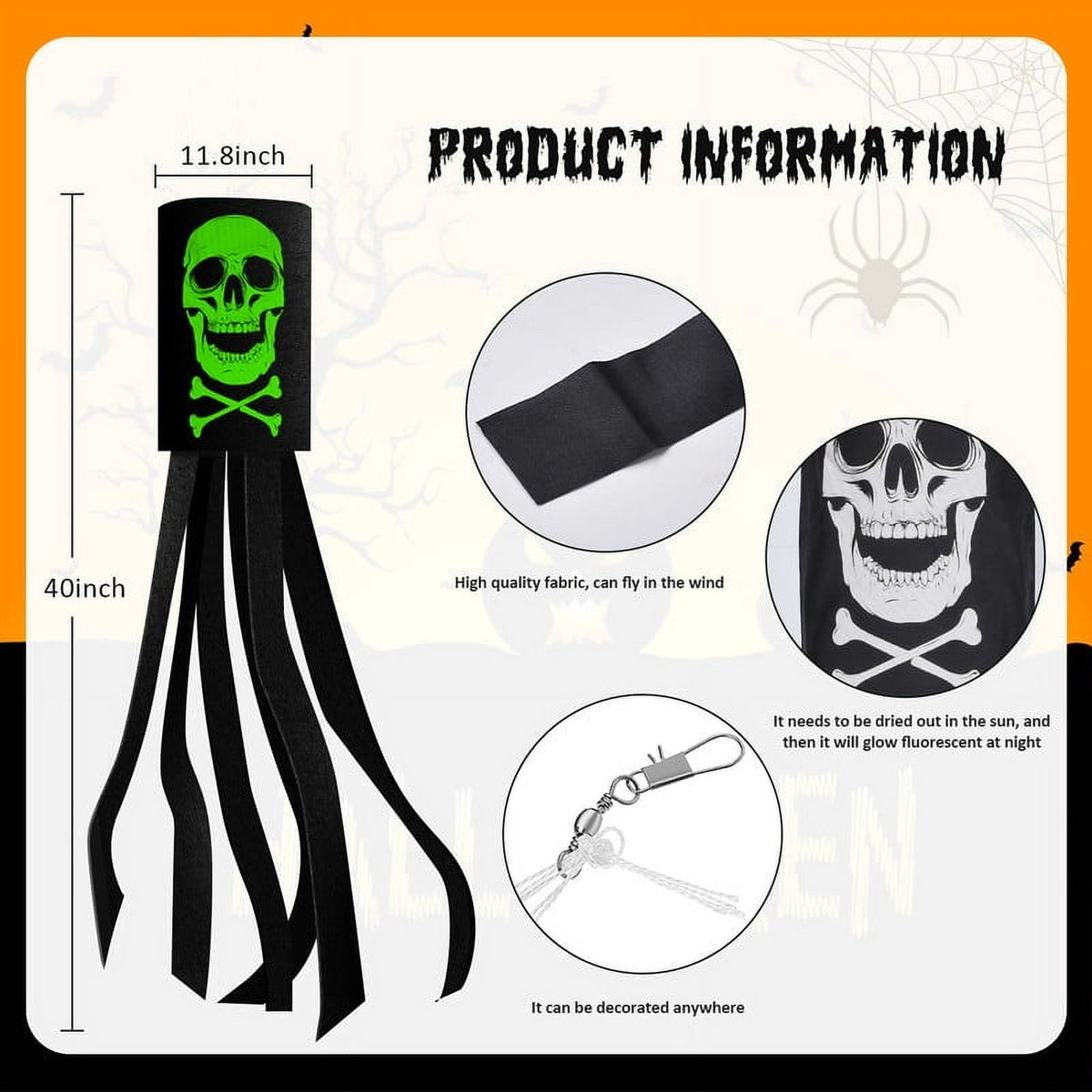 2 Pack 40 Inch Halloween Luminous Ghost Skull Windsock Flag, Glow in The Dark Skeleton Windsocks Flag, Outdoor Hanging Decor for Yard Patio Garden Pathway Party Decoration