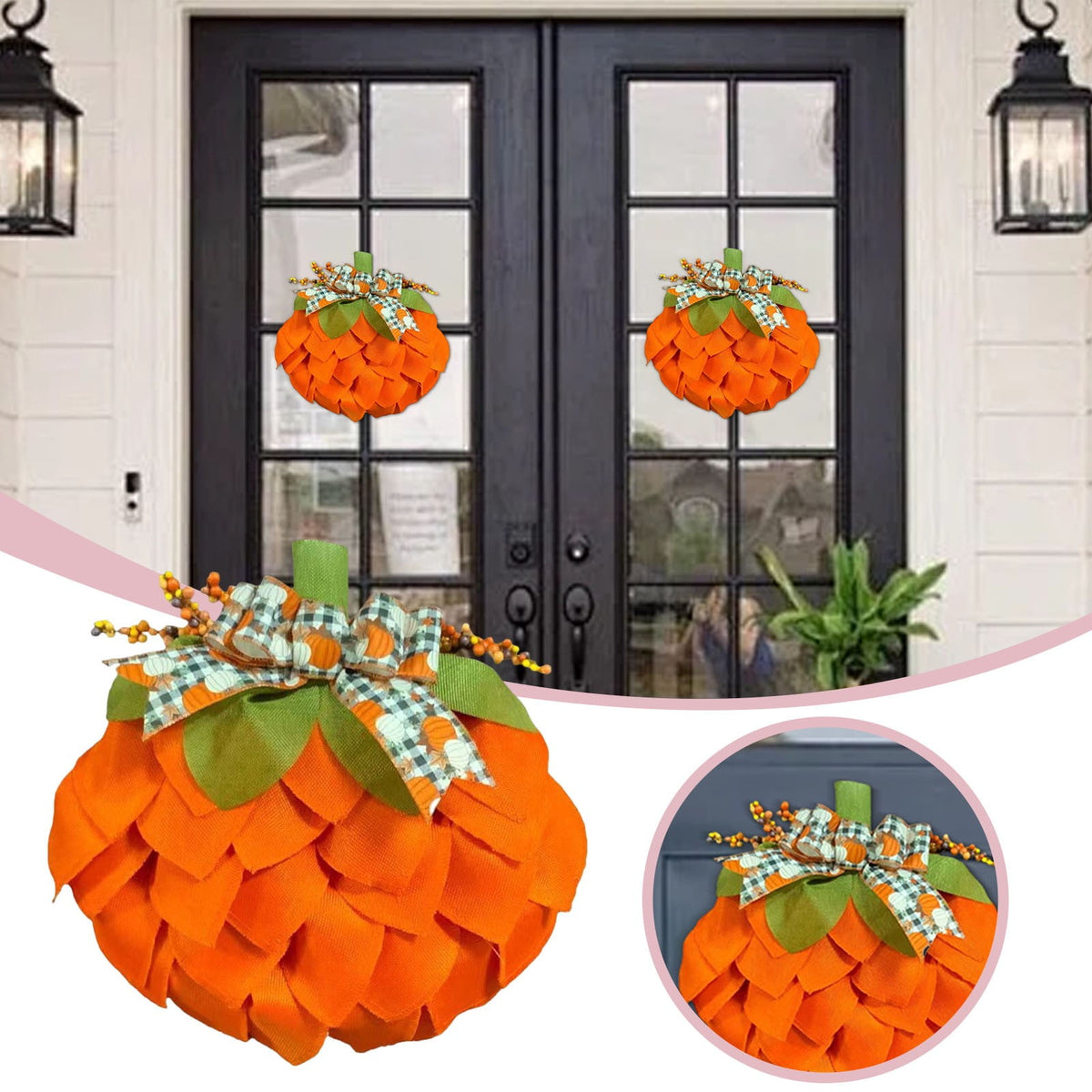 CASAFUN Autumn Pumpkin Wreath with Bows and Berries,Front Door Fall Decorations for Home Porch,Burlap Pumpkin Garland for Autumn Fall Halloween Christmas Thanksgiving Wall Decor