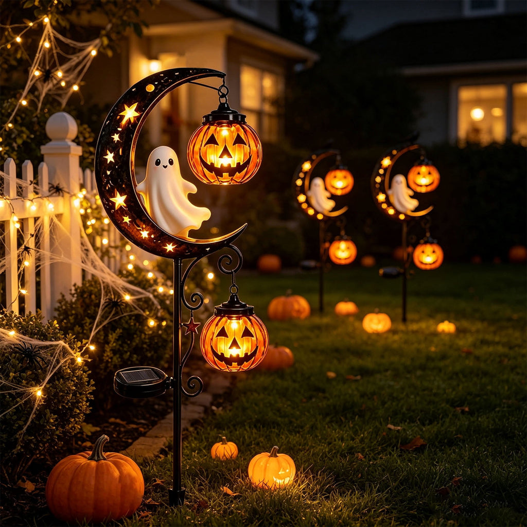 Solar Halloween Garden Stake Light, Bats & Spooky Ghosts Waterproof Solar Lantern Stake with Hanging Pumpkin, Outdoor Halloween Yard Decor for Garden Patio Lawn Pathway