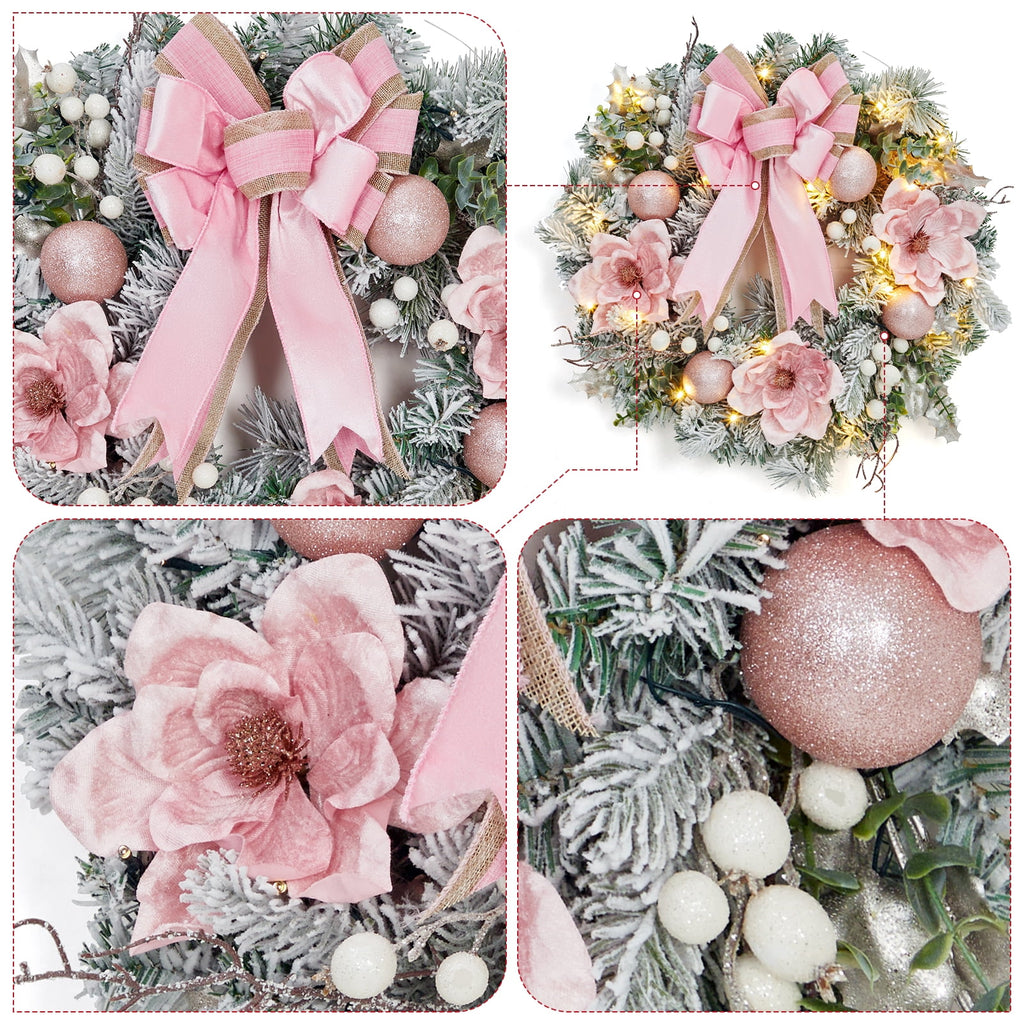 JoanKaren 24 inch Large Christmas Wreath Silver White with 20 LED Lights,Prelit Xmas Wreath w/ Ball Ornaments Pine Cone