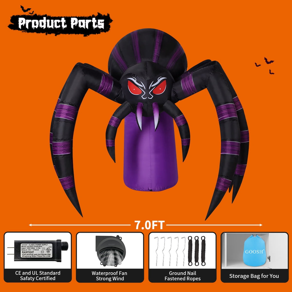 GOOSH Halloween Inflatable 7 FT Spooky Inflatable Halloween Spider, Giant Blow Up Spider with Built-in LED Lights, Outdoor Inflatable Halloween Decorations for Halloween Holiday Party