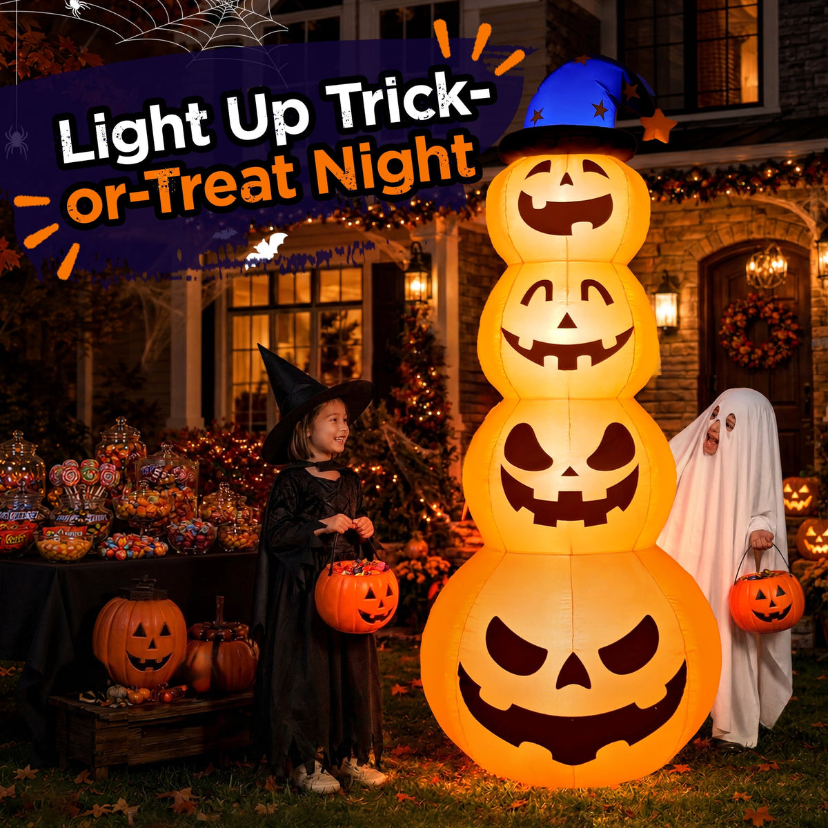 Goosiay 8ft Halloween Inflatable, Stacked Pumpkins with Witch Hat and Built-in LED Lights, Outdoor Blow up Yard Decor for Lawn, Garden, Porch and Halloween Party, Orange