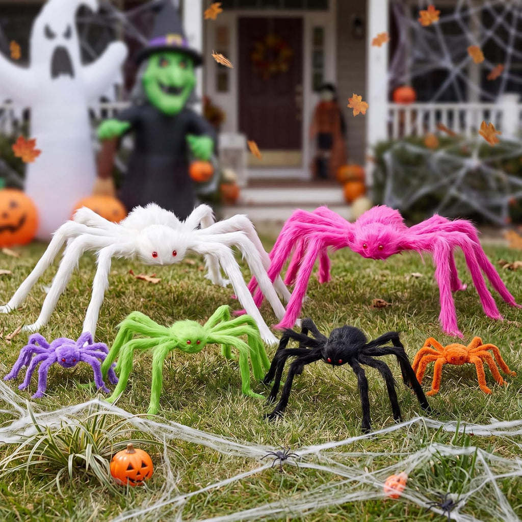 Joyfy 6 Packs Colorful Hairy Giant Spiders Halloween Decorations Outdoor,Multi-Size Outdoor Halloween Spider Decorations for Yard Lawn & Patio (30", 30", 20", 20", 12", 12")