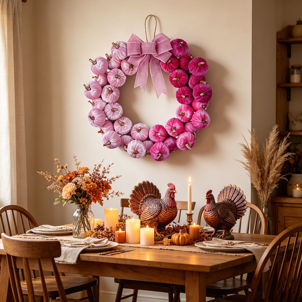 Diceymbol Pastel Velvet Pink Pumpkin Wreath with Pink Bow for Front Door Halloween Decorations 17 Inch