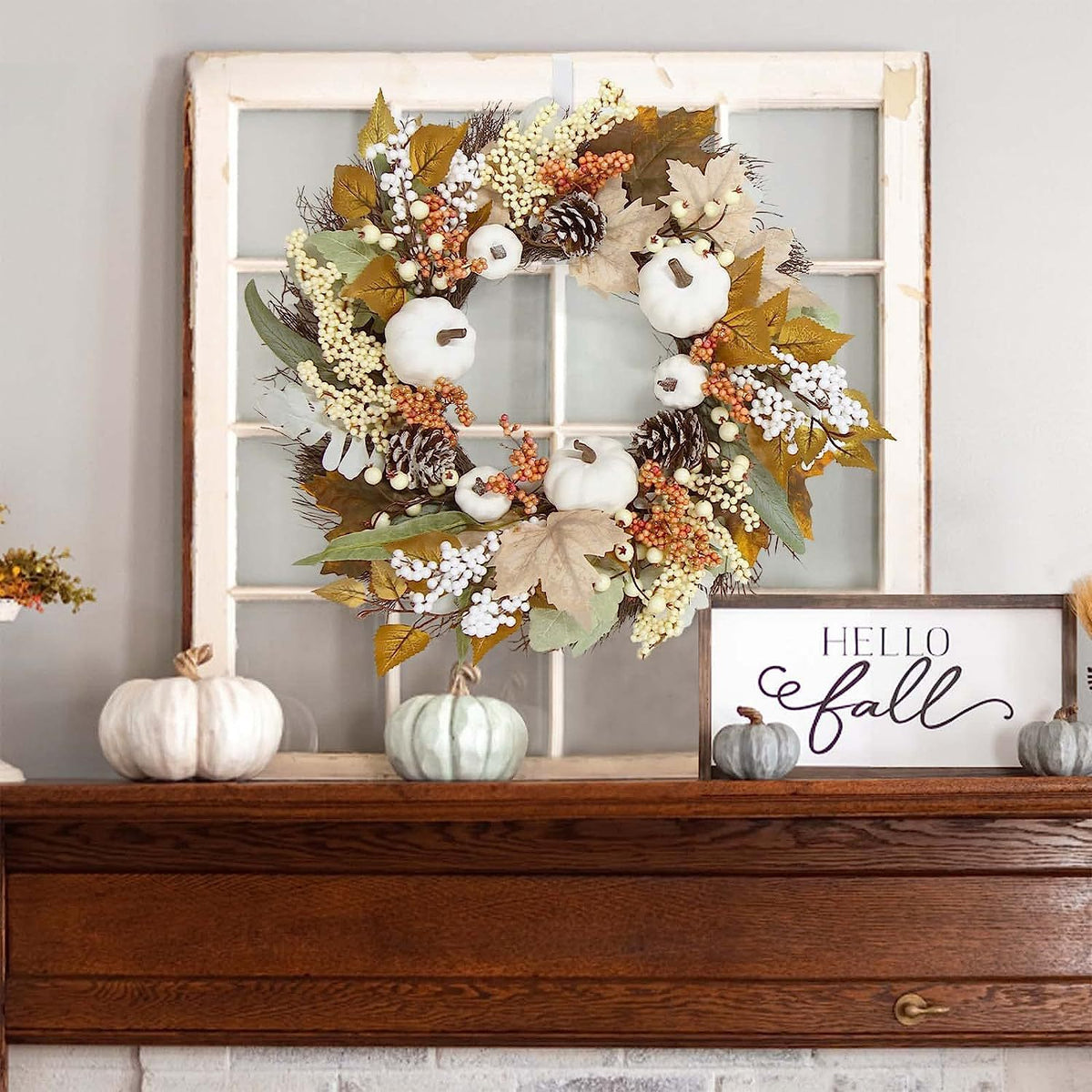Fall Decor - Fall Wreaths for Front Door - 20 Inch Autumn Maples Leaf Pumpkin Pine Cone Berry Wreath - Fall Decorations for Thanksgiving Halloween Farmhouse Harvest Home Outdoor Indoor Window Wall