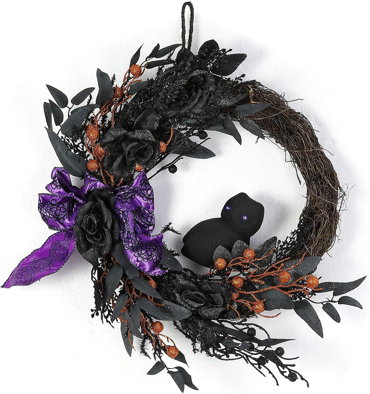 Lumiparty 20" Prelit Halloween Wreath for Front Door, with Purple Lights, Spooky Door Wreath with Ribbon Rose Berries Hanging Decor for Front Door Home Party Outside Decoration, Purple