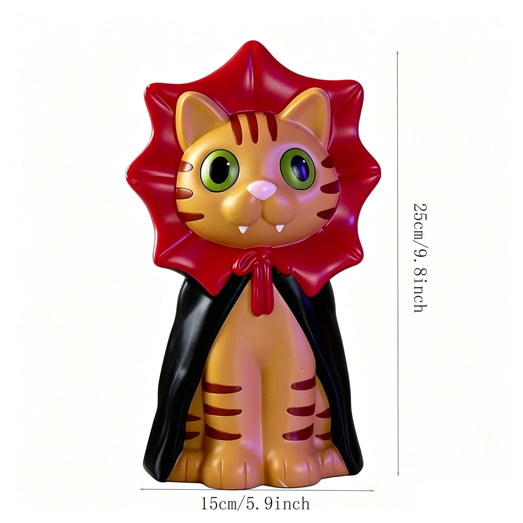 QLUEWX Halloween Tabletop Night Light Decor, Vampire Cat Blow Mold Light Up Orange Figurine, Dracula Cloak Glowing Cat Lamp Mantel Bedroom Indoor Farmhouse Party Holiday Gift Ornament