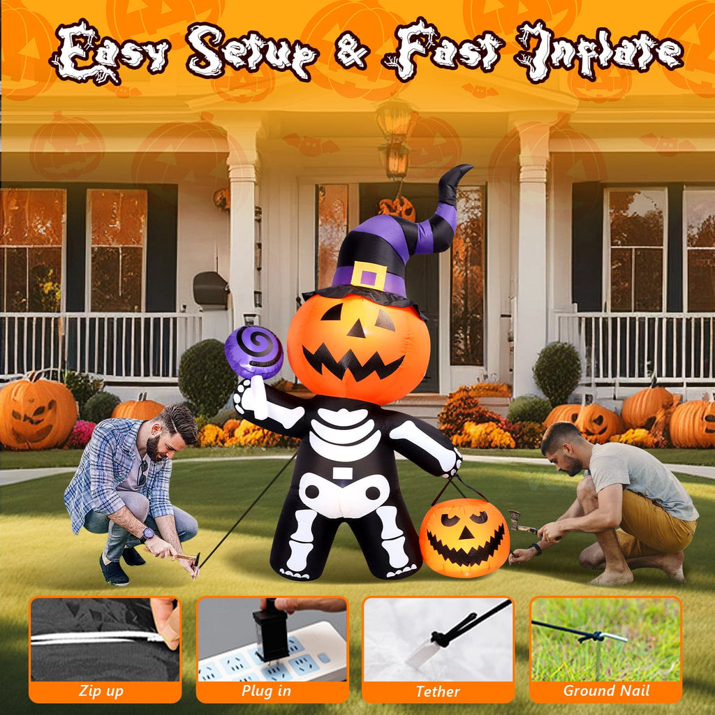 Halloween Inflatables Outdoor, 8FT Long Cute & Lighted Blow Up Decoration Pumpkin Family with Witch Hat, Large Halloween Inflatables Decorations with Lights for Yard, Holiday, Home