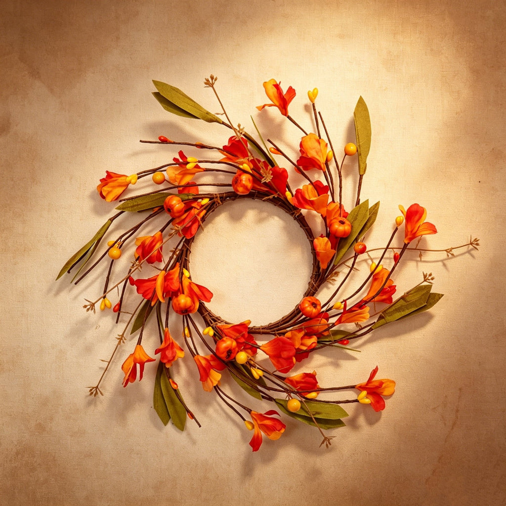Qocolcyl 12in Faux Pumpkin Floral Fall Wreath, Fake Autumn Flower Berry Candle Ring, Small Twig Wreath for Front Door Mantel Dining Table Indoor Outdoor Thanksgiving Halloween Farmhouse Decor