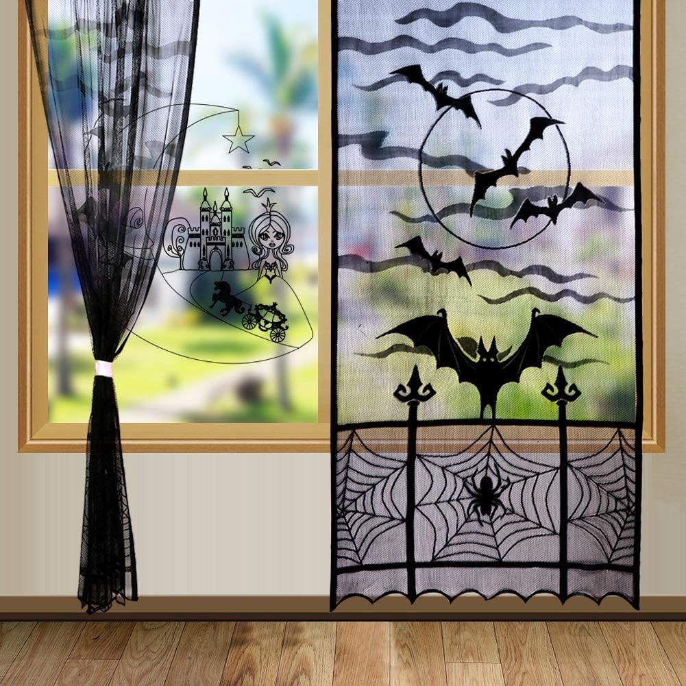 Coolmade 2pcs Black Halloween Lace Window Curtain, Spider Web Bats Door Curtain Panel Decor for Spooky Halloween Holiday Party Decoration, 40 x 84 Inch