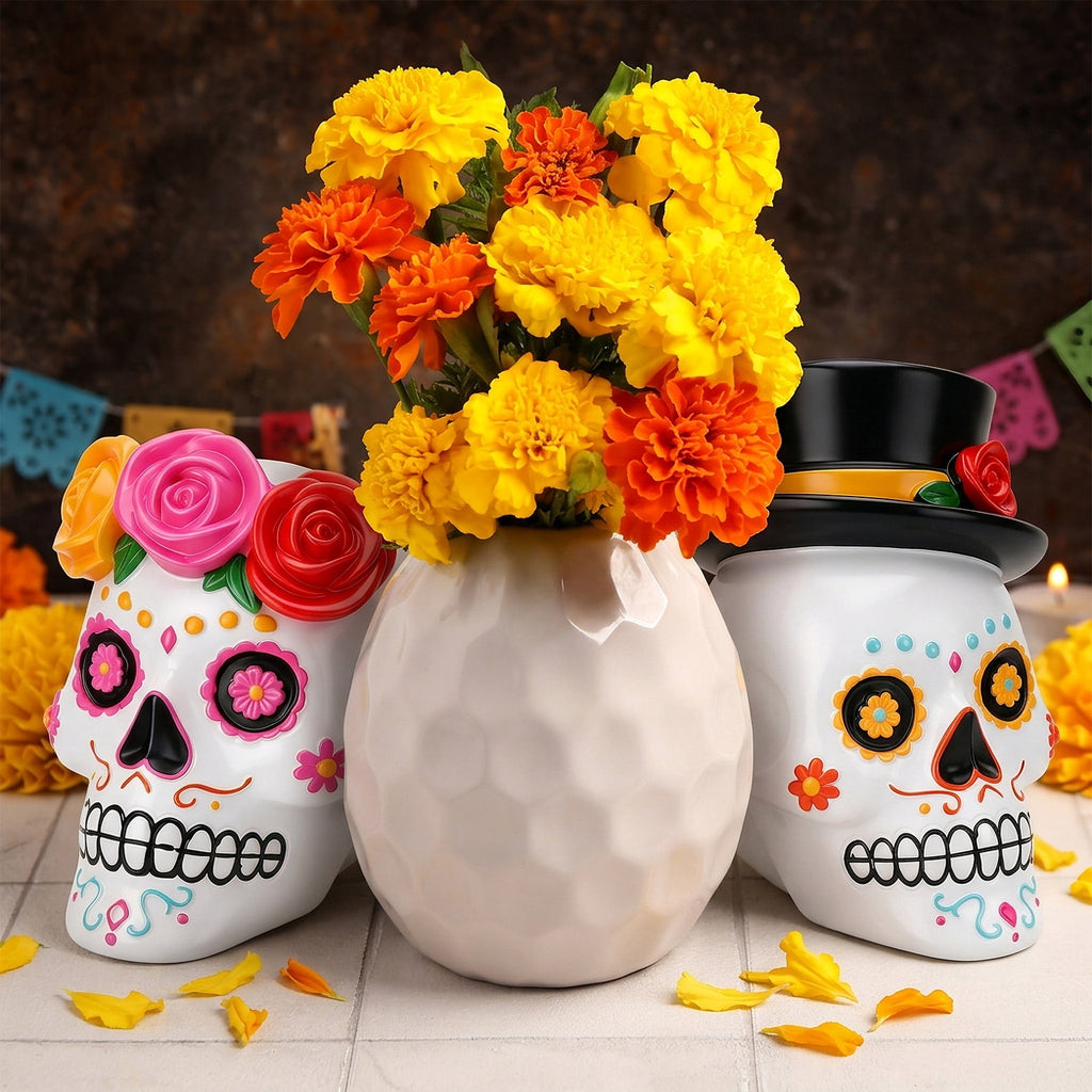 sixwipe Resin Day of The Dead Skull Couple, Halloween Decor, Black and White Skeleton Figurine Set, Male with Top Hat, Female with Red Rose Wreath