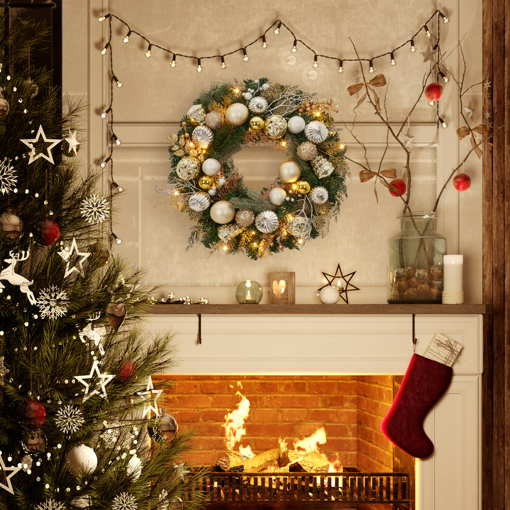 JoanKaren 24 inch Large Christmas Wreath Silver White with 20 LED Lights,Prelit Xmas Wreath w/ Ball Ornaments Pine Cone